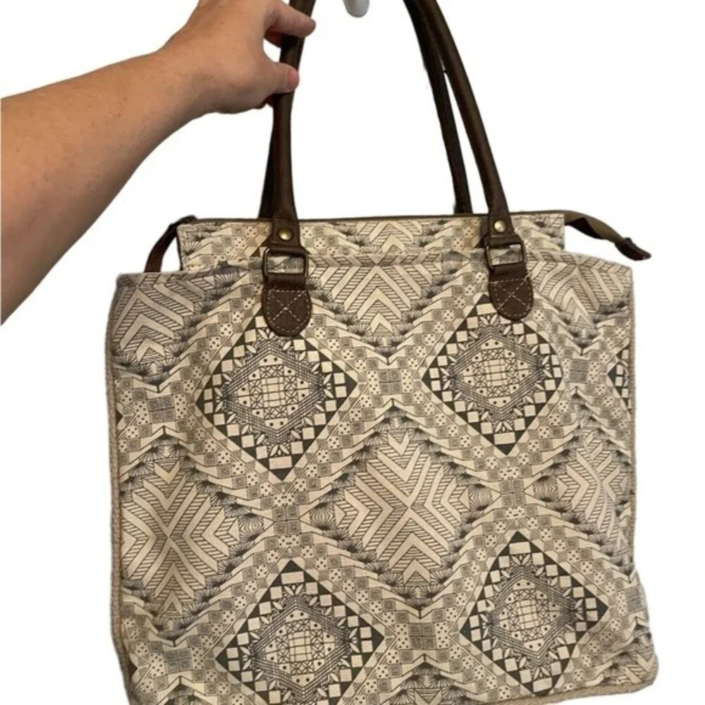 MYRA BAG S-0845 ARTISAN TOTE CANVAS TOTE LEATHER HANDLE TOTE